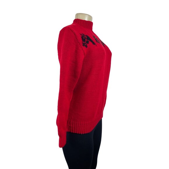 Handmade Knitted Red Sz M/L Sweater With Black Horse Design Long Sleeve Crew Nec - Picture 2 of 5